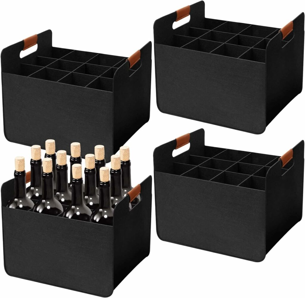 4 Pcs 14.57 x 12.6 x 10.63 Inch 12 Bottle Wine Carrier Felt Wine Box Reusable Wine Tote Bag with Handles Collapsible Carry Case with 4 Pcs Reinforced Cardboard for Travel Party Picnic (Black)