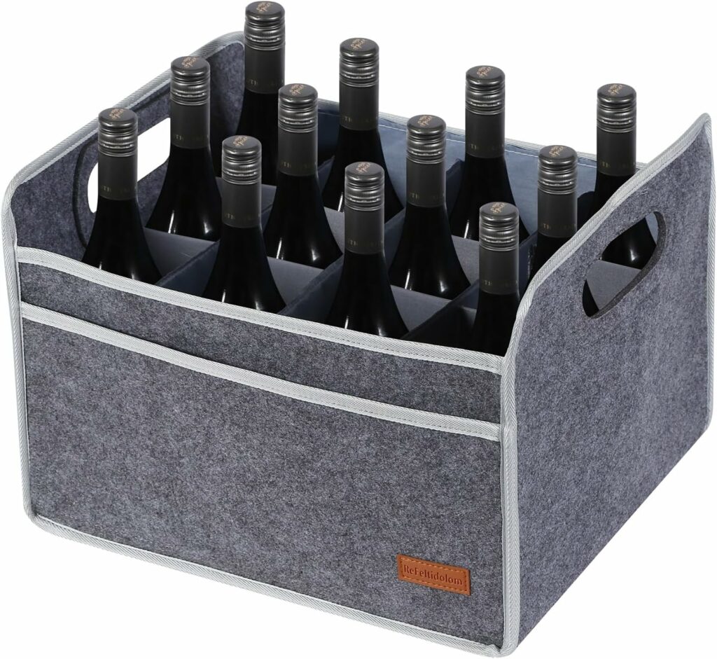 ReFeltidolom 12 Bottle Wine Carrier, Thicken Felt Wine Carry Case Collapsible Wine Bottle Storage Box Liquor Bottle Tote with Handles for Travel, Party, Picnic (Gray)