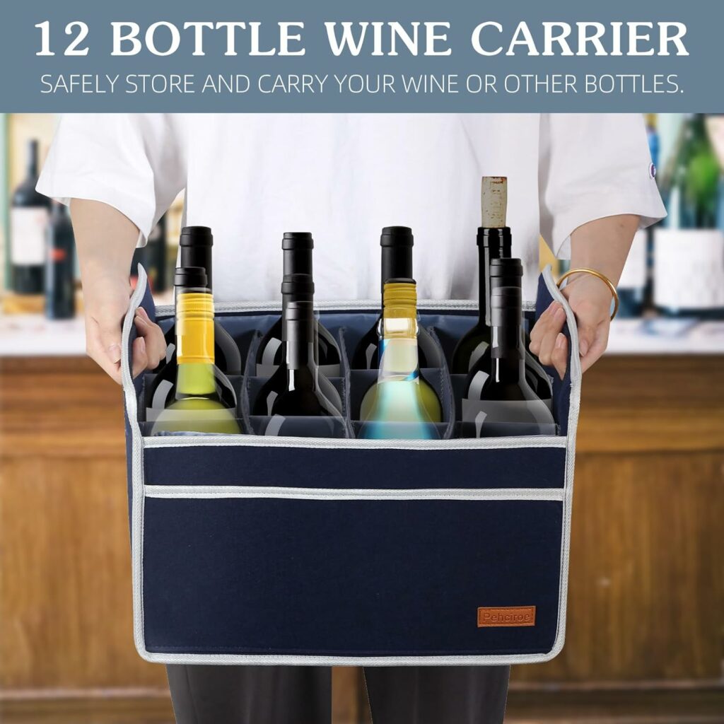 ReFeltidolom 12 Bottle Wine Carrier, Thicken Felt Wine Carry Case Collapsible Wine Bottle Storage Box Liquor Bottle Tote with Handles for Travel, Party, Picnic (Gray)
