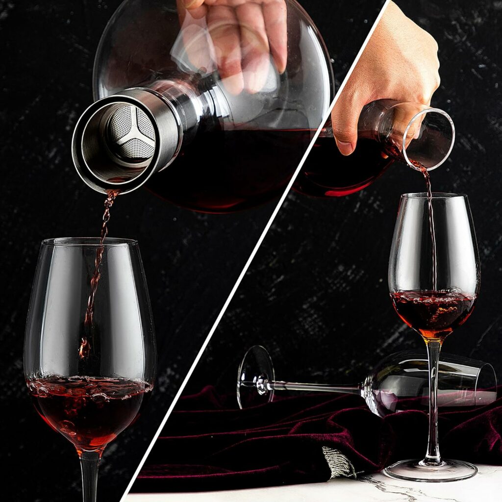 Wine Decanter,Red Wine Carafe,Decanter with Built-in Aerator Pourer, 100% Hand Blown Lead-free Crystal Glass with Stainless Steel Pourer Lid, Filter, Wine Gifts for Men
