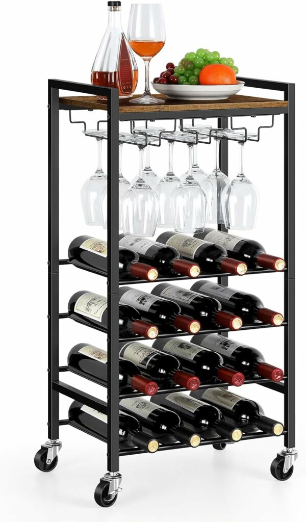 Wine Rack Freestanding Floor, Rustic Wine Holder Stand with Wine Storage and Bottle Shelf, 16 Bottles Floor Wine Rack Shelf for Kitchen Dining Room, Office, Bar, Rustic Brown