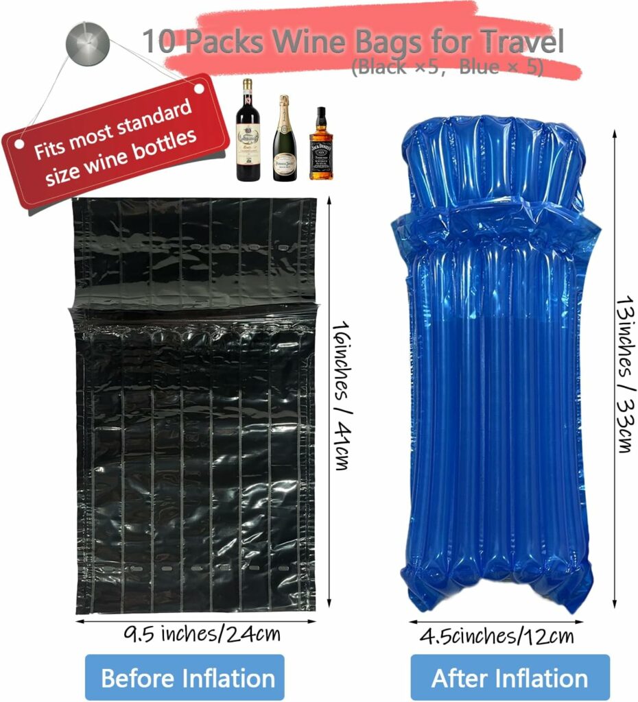 Wine Travel Bags for Wine Bottles Airplane,Black Reusable Wine Bottle Protector Bags with Free Inflator Pump,10 Packs